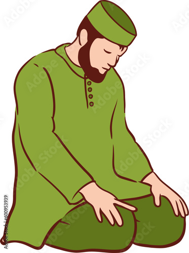 Islamic Man Sitting in Prayer Position Flat Hand Drawn Illustration