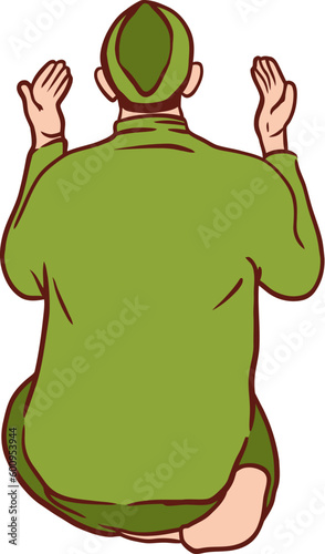 Islamic Man Sitting in Prayer Position Flat Hand Drawn Illustration