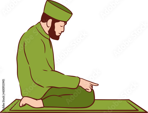 Islamic Man Sitting in Prayer Position Flat Hand Drawn Illustration
