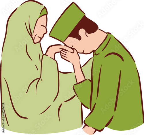 Islamic Family Gathering and Sorry Gesture Flat Hand Drawn Illustration