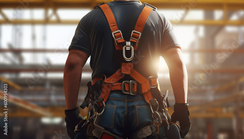 close up Construction worker wearing safety harness at construction site photo