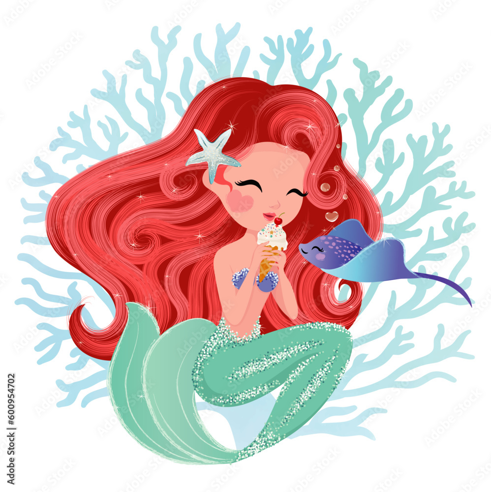 Cute Mermaid Is Eating Ice Cream With Her Cute Friend Stingray Vector woman-eating-ice-cream-while-holding-a-book-free-stock-photo
