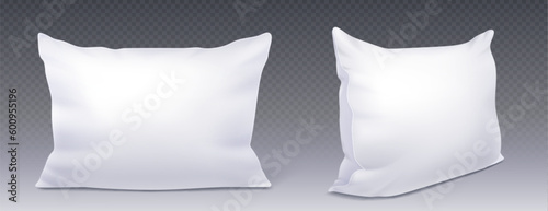 White rectangular pillow realistic vector illustration. Cotton cushion mockup, top angle view, set isolated on transparent background, 3D soft blank fabric pad for sleeping