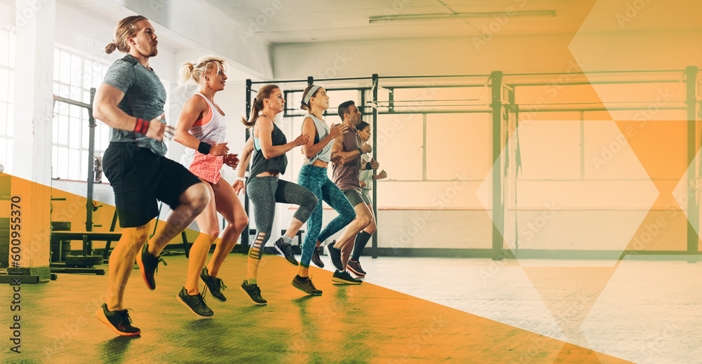 Group, gym exercise and cardio training or fitness, workout and class, club or team running or challenge, practice or healthy routine. People, personal trainer or friends exercising with banner space