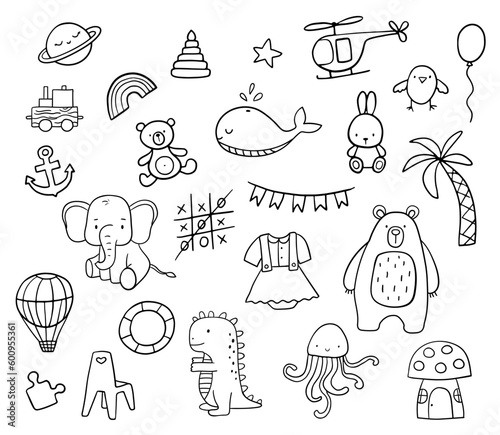 Hand drawn doodle set. Vector cute illustrations Isolated on white. Hot air balloon, tic tac toe and elephant.