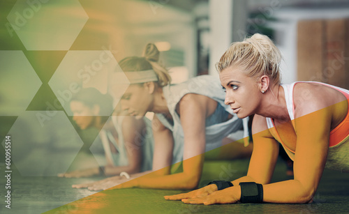 Overlay  plank and people exercise in gym for health  wellness and core strength. Workout  planking and group  women and friends exercising  abs training and teamwork practice together at sports club