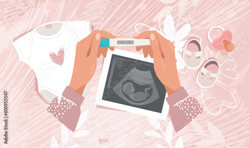 Pregnant woman holding positive pregnancy test, ultrasound scan and newborn clothes on background, modern banner, flat cartoon vector illustration.