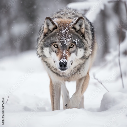 Wolf running through the snowy woods