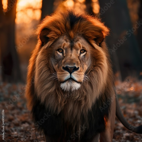 Powerful lion sitting in the woods