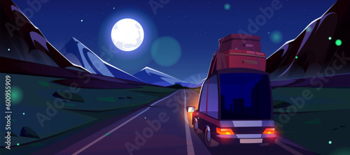 Night highway trip and mountain vector landscape. Dark cartoon background with full moon voyage on car with luggage back view. Nighttime driving adventure with bokeh sparkle light. Freedom in vacation