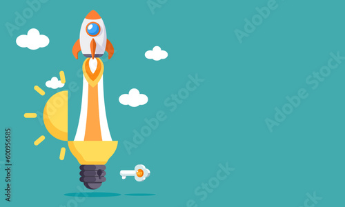 Cartoon Rocket launch from the light bulb with a keyhole. Startup Innovation new idea concept. Digital marketing boost up. Vector illustration flat design for banner, poster, and background.