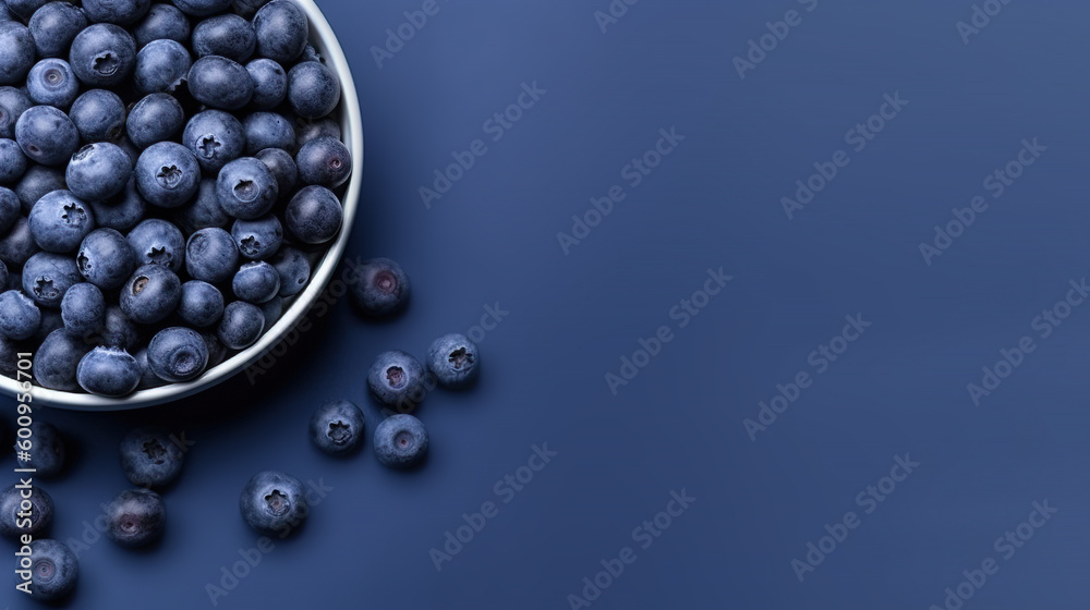 Ripe blueberry mockup and copy space with a blue background, generative AI Ripe blueberry mockup and copy space with a blue background, generative AI