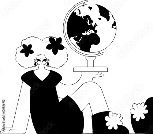 The energized lady with the globe. Learning subject. Forlorn and white line craftsmanship. Trendy style, Vector Illustration