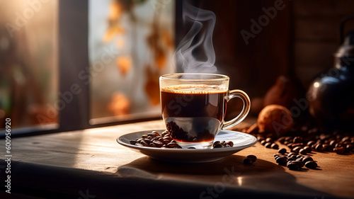 Steaming cup of black coffee, placed on a rustic wooden table with a few coffee beans scattered around the table.