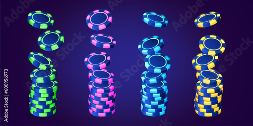 Realistic set of casino chip stacks isolated on background. Vector illustration of neon green, pink, blue, yellow color tokens falling on piles. Symbol of winning online betting game, gambling icons