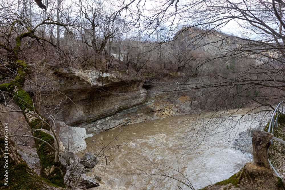 Mountain river , spring flood with rising water levels due to snowmelt and spring conditions in nature.
