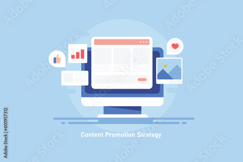 Sharing blog and website content on social media platform, driving internet visitors to web page, digital marketing and advertising strategy. computer technology, vector illustration banner.