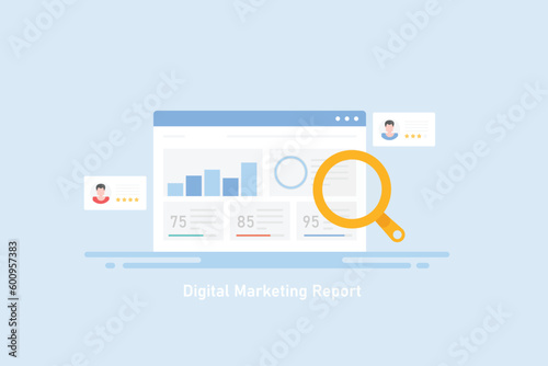 Digital marketing report, business analytics and financial insight data graph chart on web interface dashboard, vector illustration web banner template.
