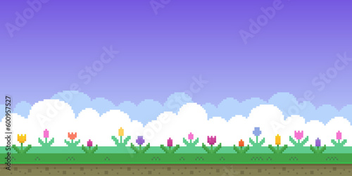 Colorful simple vector pixel art horizontal illustration of field of tulips in retro platformer style
