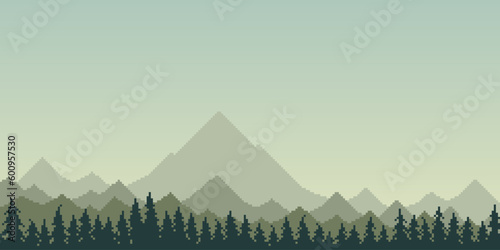 Colorful simple vector pixel art horizontal illustration of morning mountain landscape with fir trees in retro platformer style