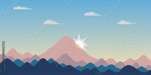 Colorful simple vector pixel art horizontal illustration of morning mountain landscape in retro platformer style