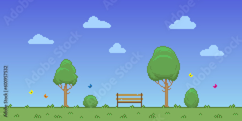 Colorful simple vector pixel art horizontal illustration of bench in the park in retro platformer style