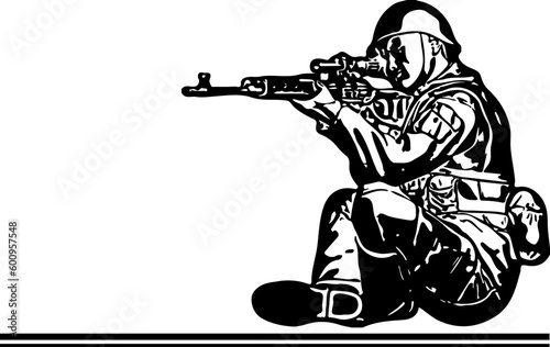 "Sitting Soldier Silhouette: Gripping Gun Illustration"
"Silhouette of Soldier Holding Gun: Impactful Sitting Stance"