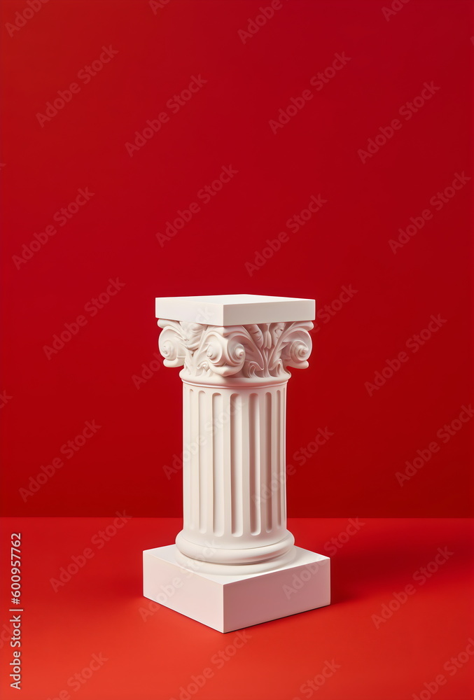 decorative white column plinth with space for item isolated on red studio background made with generative ai decorative white column plinth with space for item isolated on red studio background made with generative ai