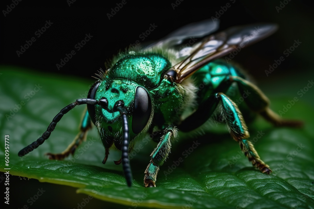 Fototapeta premium Image of metallic cuckoo wasp(Chrysididae) on the leaf. Insect. Illustration. Generative AI.