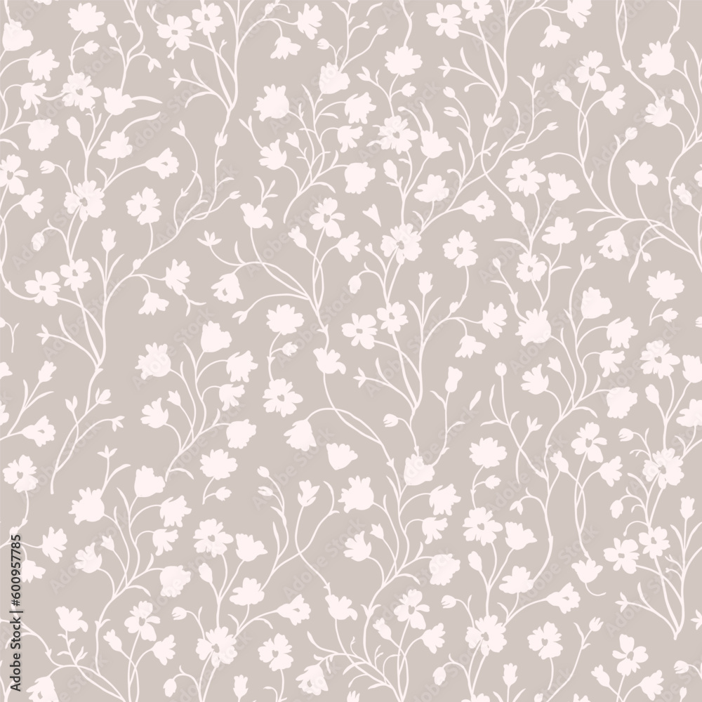 Spring floral pattern of light beige flowers and twigs on a beige background. Spring floral pattern of light beige flowers and twigs on a beige background.