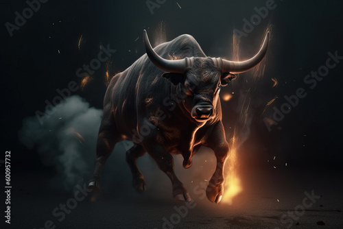 Image of an angry bull with flames. Wild animal. illustration, generative AI.