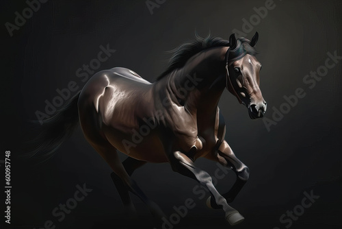 Image of a beautiful brown horse is running. Wild Animals. illustration. Generative AI.