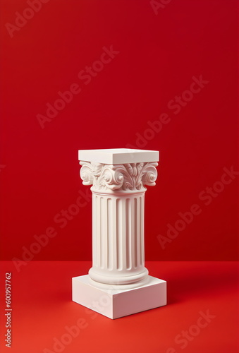 decorative white column plinth with space for item isolated on red studio background made with generative ai