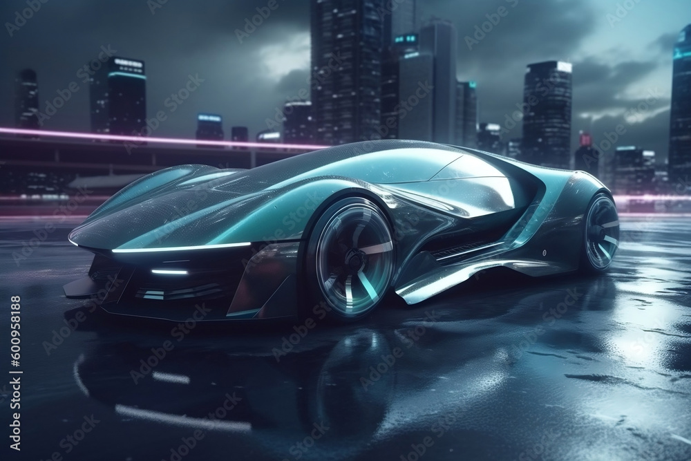 Concept of ultra super speed car standing on wet asphalt with futuristic city on the background generative ai