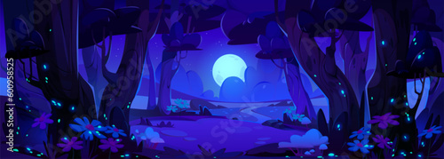 Canvastavla Night forest vector landscape scene with firefly and moon light