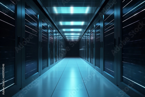 Corridor in server room of cybernetic data center generative ai