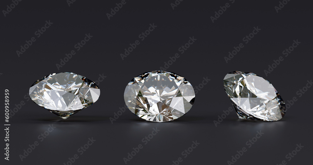 Three diamonds. Different views on black background at 3D render design. Three diamonds. Different views on black background at 3D render design.