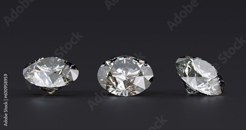 Three diamonds. Different views on black background at 3D render design.