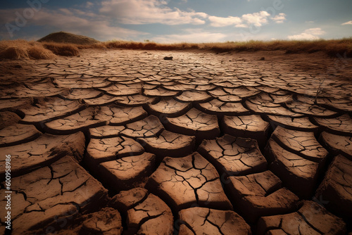 Completely dry and cracked soil in dry desert landscape generative ai