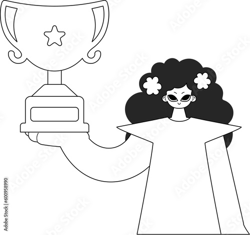 The enthusiastic woman holds the holder of the champ in his hands. Dim and white line craftsmanship. Trendy style, Vector Illustration