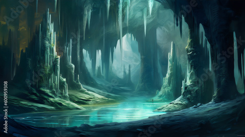 cave with stalactites, stalagmites and water in blue and green, concept art painting made with generative ai  photo