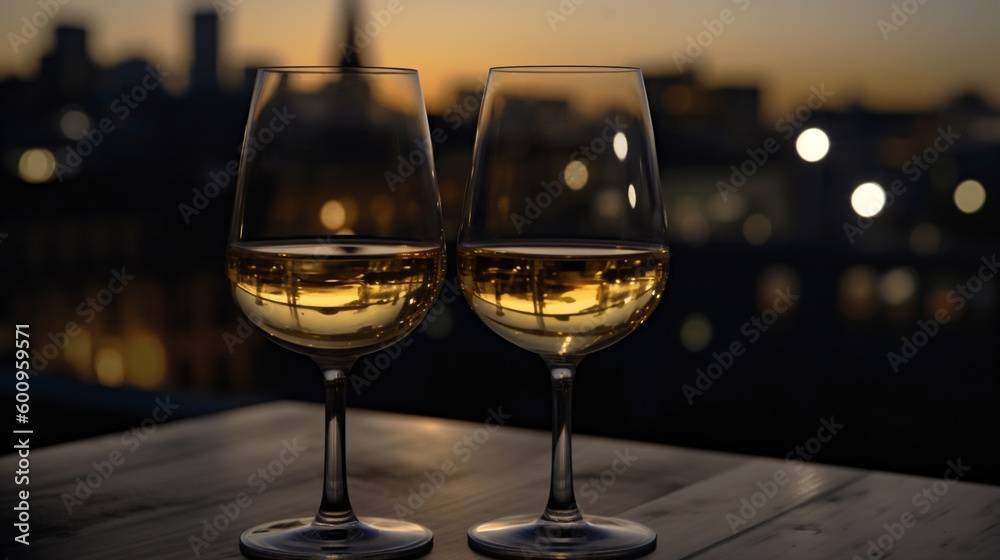 2 Glässer Weißwein spät abends bei Sonnenuntergang in der Stadt. Querformat. Generative Ai. 2 Glässer Weißwein spät abends bei Sonnenuntergang in der Stadt. Querformat. Generative Ai.