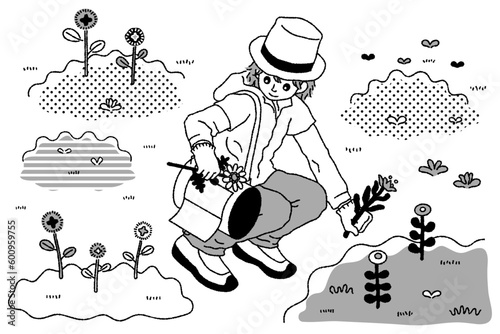植物採集をする男性のモノクロイラスト