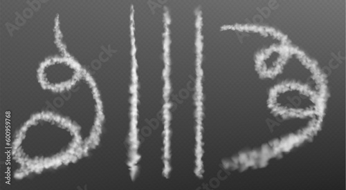 Realistic set of straight and spiral plane condensation trails isolated on transparent background. Vector illustration of smoke line left by aircraft takeoff, landing, flight. Missile attack effect