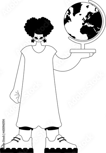 The energized woman with the globe. Learning subject. Forlorn and white line craftsmanship. Trendy style, Vector Illustration