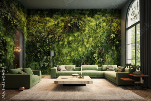 Living room with walls decorated with green plants, Generative AI © HiroSund