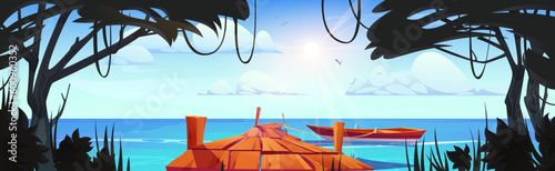 Wooden pier in jungle forest with boat vector landscape. Sea dock bridge with liana on tree near river. Wood wharf above ocean water with beautiful sun beam. Ship on rope near pontoon illustration