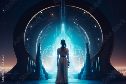 Cosmic dressed woman stands in front of sci fi city gate at night generative ai