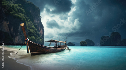 Longtail boat anchored in the sea, with the landscape of the archipelago visible in the background. Thailand. Generative AI photo