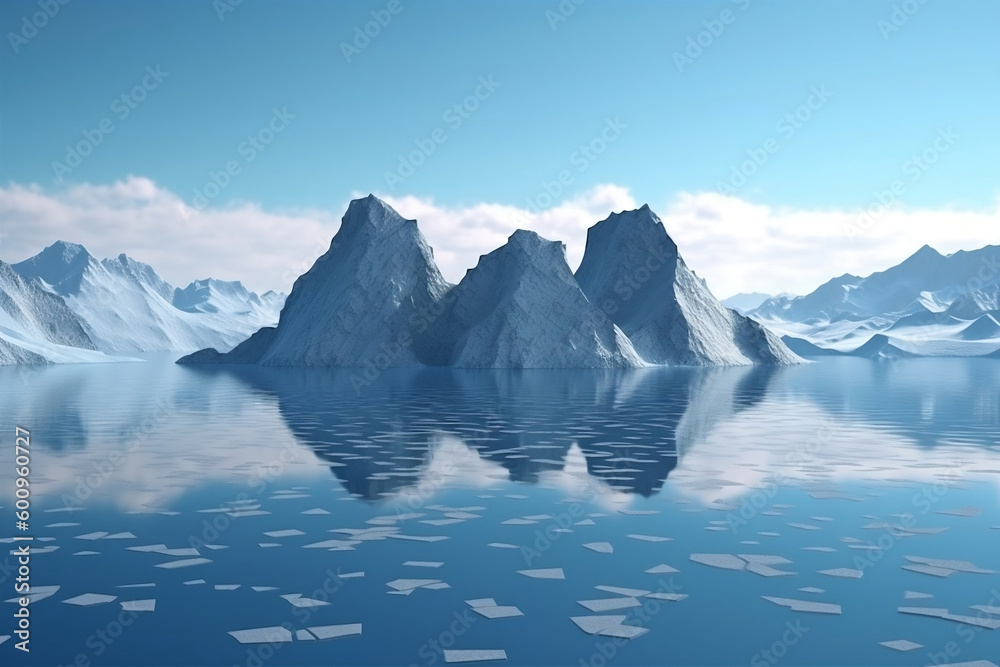 cracked ice floe pieces with big mountains behind background  global warming and environmental conditions 3D illustration render generative ai